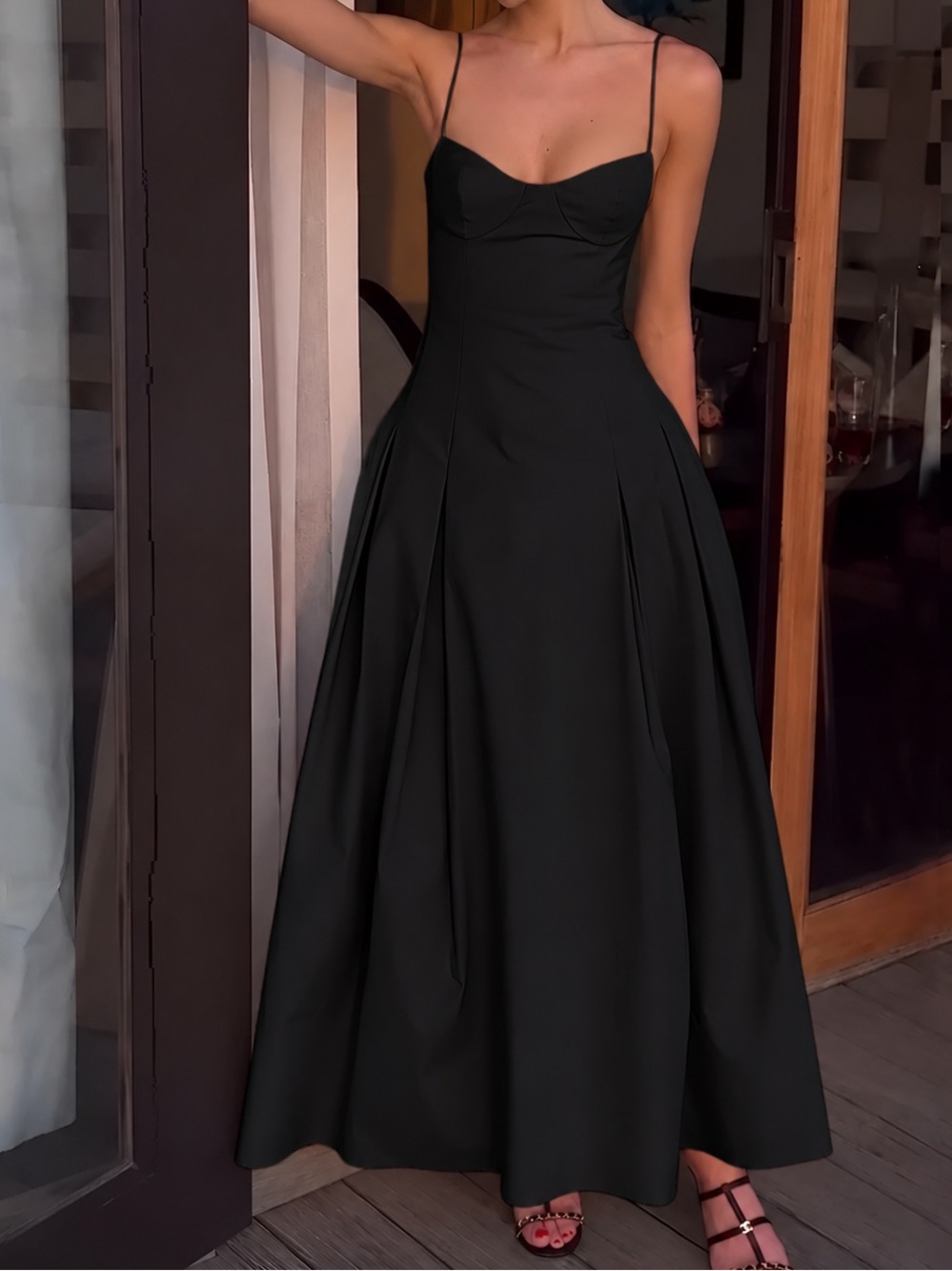 Commense Pleated Cami Long Maxi Dress Black Bustier Corset XS